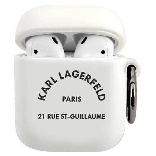 Чехол с карабином Karl Lagerfeld Silicone RSG logo with ring для AirPods 1&2, цвет Белый (KLACA2SILRSGWH) чехол karl lagerfeld silicone case klacapsilglwh для airpods pro white