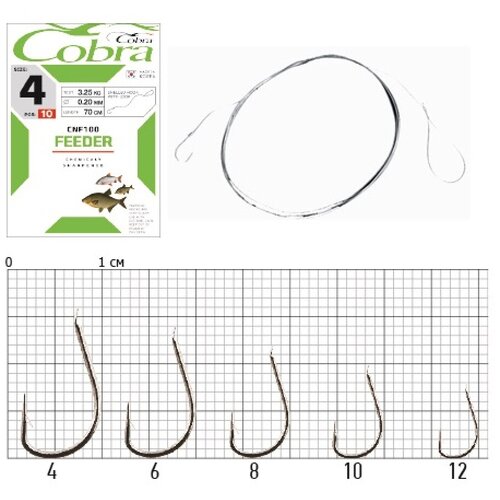 Крючки Cobra FEEDER, № 10, 10 шт., с поводком 70 см, 0.14 мм