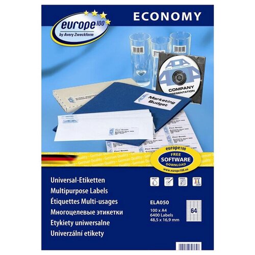 Самоклеящиеся этикетки "Europe 100", универсальные, 48,5x16,9 мм, белые, 100 листов