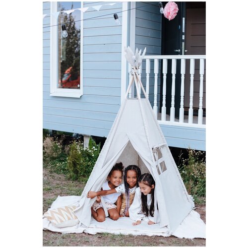 Вигвам детская игровая палатка домик с матрасом и подушкой льняной бежевый