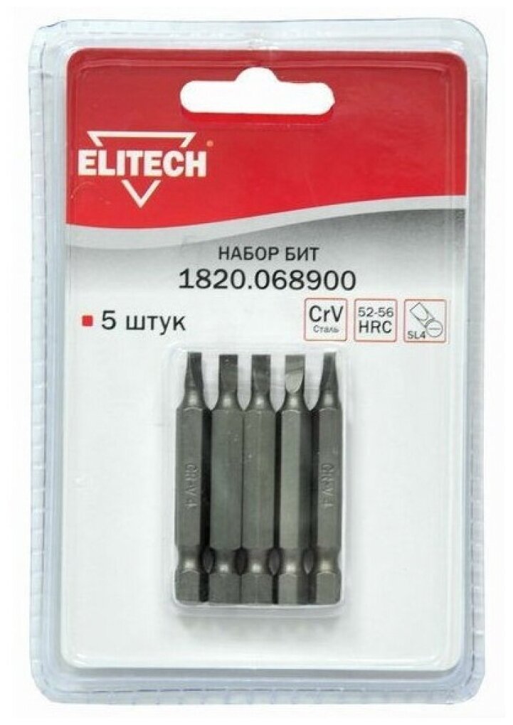 Набор бит Elitech 1820.068900, Slotted (SL) 4 мм, 5 шт.