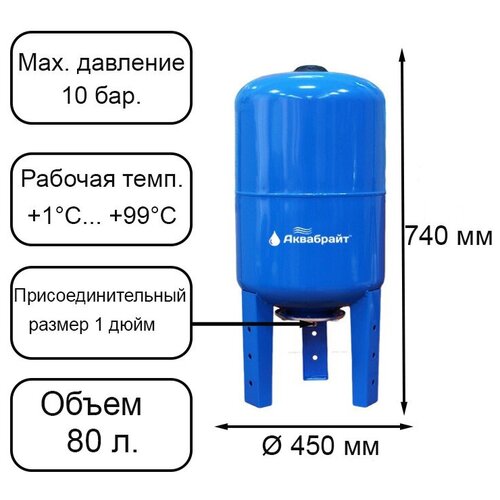 Гидроаккумулятор/мембранный бак/расширительный бак/ресивер для воды аквабрайт ГМ-80 вертикальный