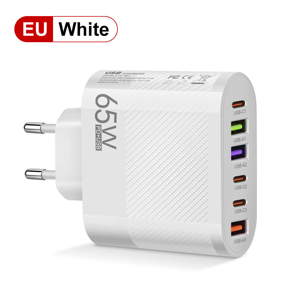 Зарядное устройство, 65Вт, 3USB+3Type-C, мультиинтерфейс, европейское, белое