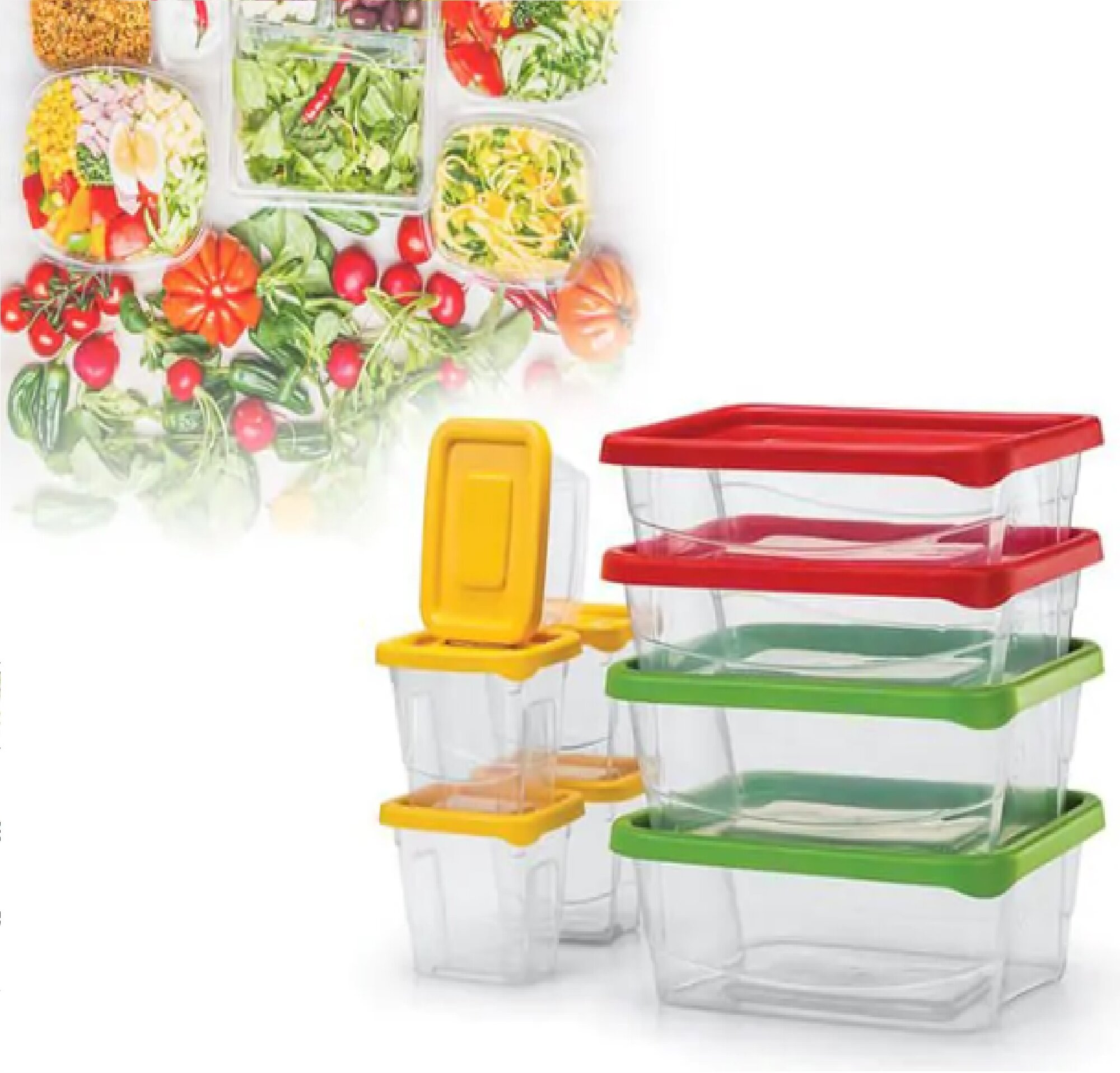 Контейнеры Alpina Fresh пластик 9 штук для СВЧ прозрачные с разноцветными крышками