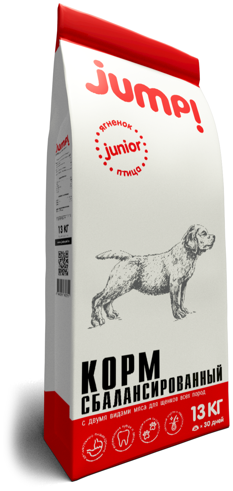 Сухой корм для щенков всех пород JUMP Junior с ягненком и птицей, 13 кг