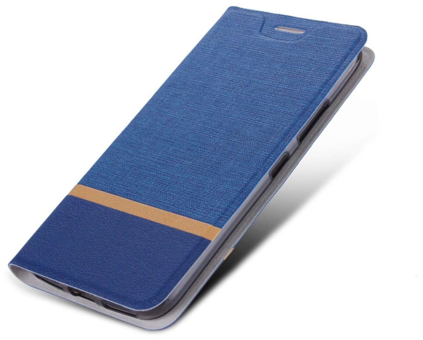 Чехол-книжка Чехол. ру для Huawei P40 Lite E из водоотталкивающей ткани под джинсу с золотой полосой и вставкой под кожу синий