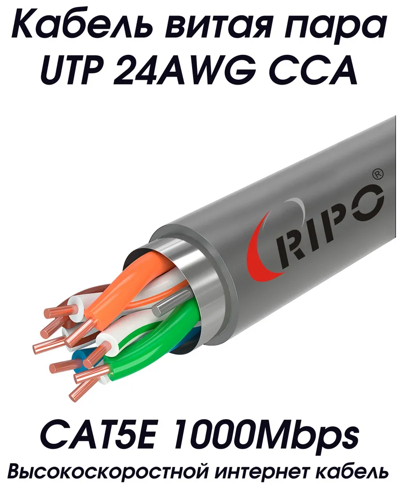 Витая пара, интернет кабель, провод для роутера WiFi алюмомедь внутренний LAN FTP4 CAT5E 24AWG CCA RIPO 50 метров 001-122002/50