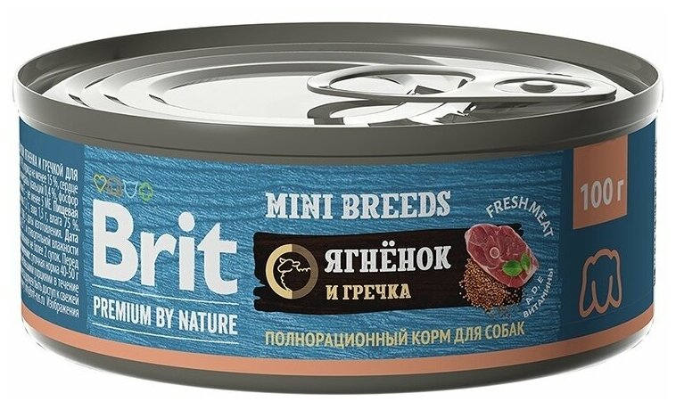 Brit Premium by Nature Корм консервированный с ягненком и гречкой для взрослых собак мелких пород, 100гр, 12 штук