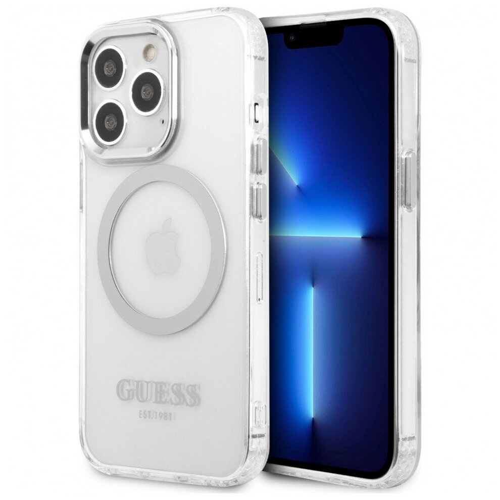 Guess для iPhone 13 Pro чехол PC/TPU Metal outline Hard Transparent/Silver (MagSafe), шт