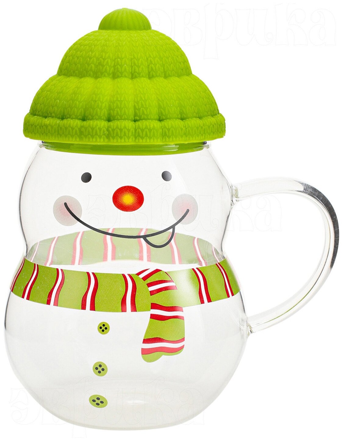 Кружка стеклянная Снеговик зеленый 450 мл, кружка с крышкой новогодняя, подарочная, символ года