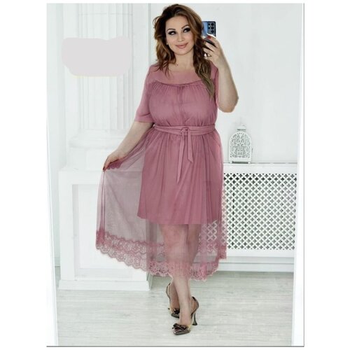 Платье гипюр, вечернее, трапециевидный силуэт, миди, размер 50, розовый