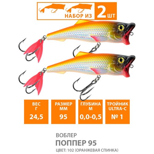 воблер для рыбалки поверхностный aqua поппер 95mm 24 5g цвет 102 Воблер для рыбалки поверхностный AQUA Поппер 95mm 24.5g цвет 102 (2 шт)