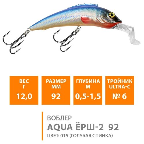 Воблер плавающий AQUA ЕРШ-2 92mm 12g заглубление от 0.5 до 1.5m. Рыболовная приманка минноу для спиннинга на щуку, судака, окуня цвет 015