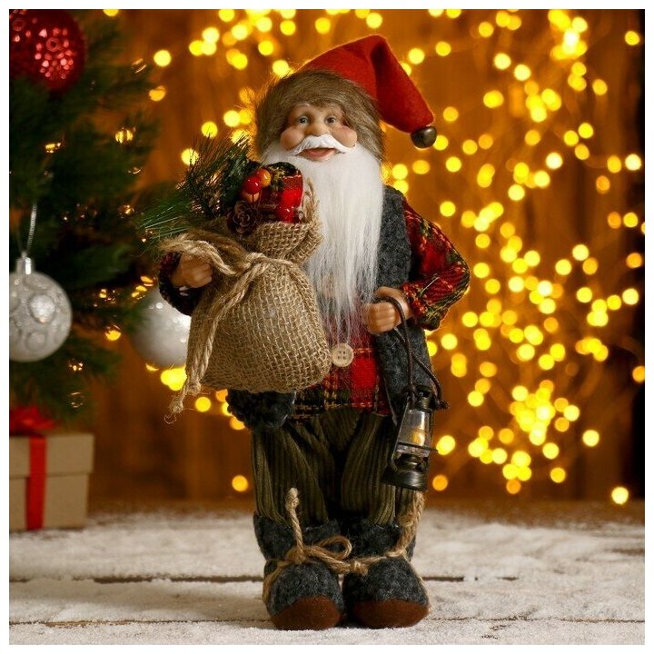Дед Мороз "В клетчатой шубке с фонариком и мешком" 30 см