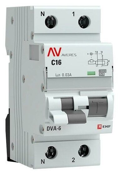 Выключатель автоматический дифференциального тока 2п C 16А 30мА тип A 6кА DVA-6 Averes | код. rcbo6-1pn-16C-30-a-av | EKF (2шт. в упак.)