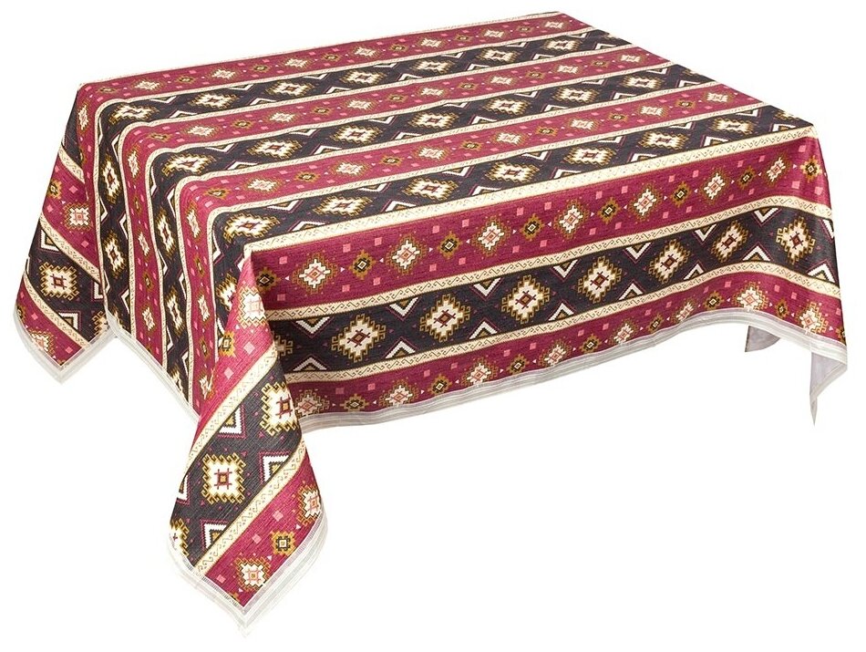 фото Скатерть клеенка влагоотталкивающая с ажурным краем Meiwa 152х122 см, цвет бордовый, бежевый, розовый