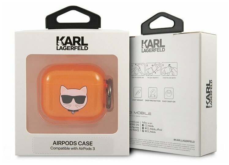 Чехол Karl Lagerfeld TPU FLUO with ring Choupette Transparent для Airpods 3 (2021), оранжевый