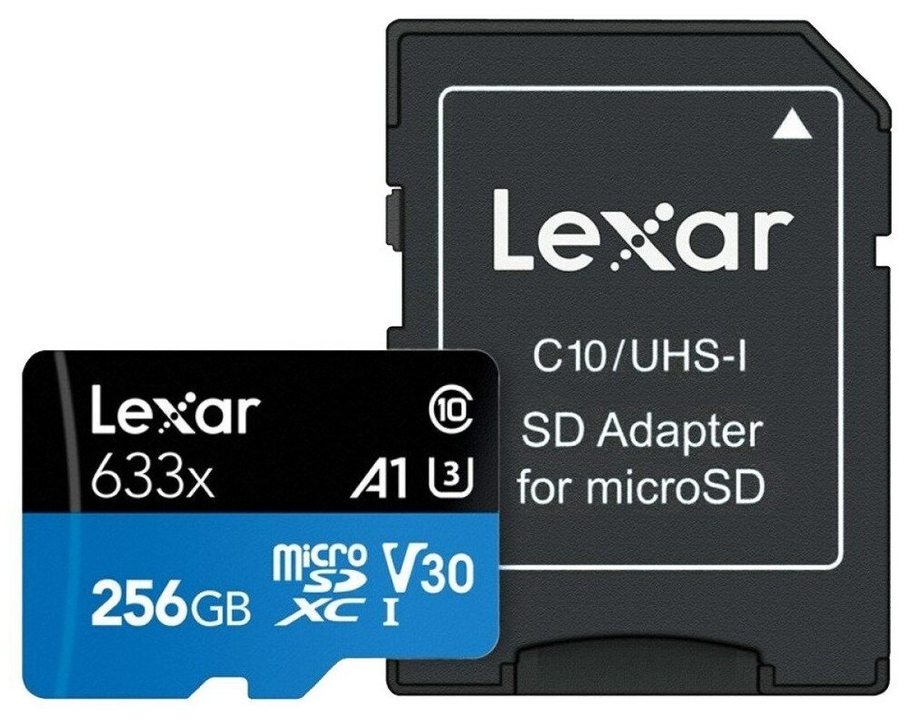 Карта памяти Lexar High-Performance 633x Blue microSDXC 256GB UHS-I U3 V30 A1, R/W 100/45 МБ/с с адаптером