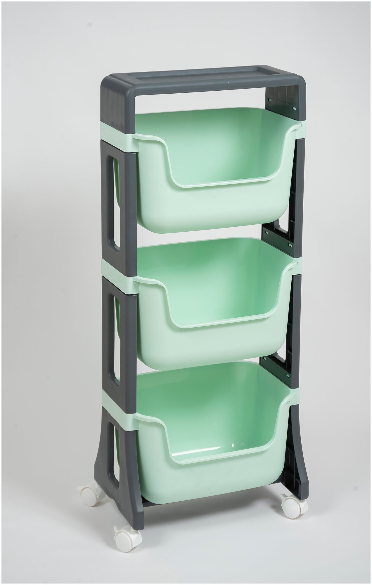 Этажерка на колесиках Джуниор 3 яруса, цвет мятный / детский пластиковый органайзер для хранения / подставка напольная на колесах для кухни и ванной