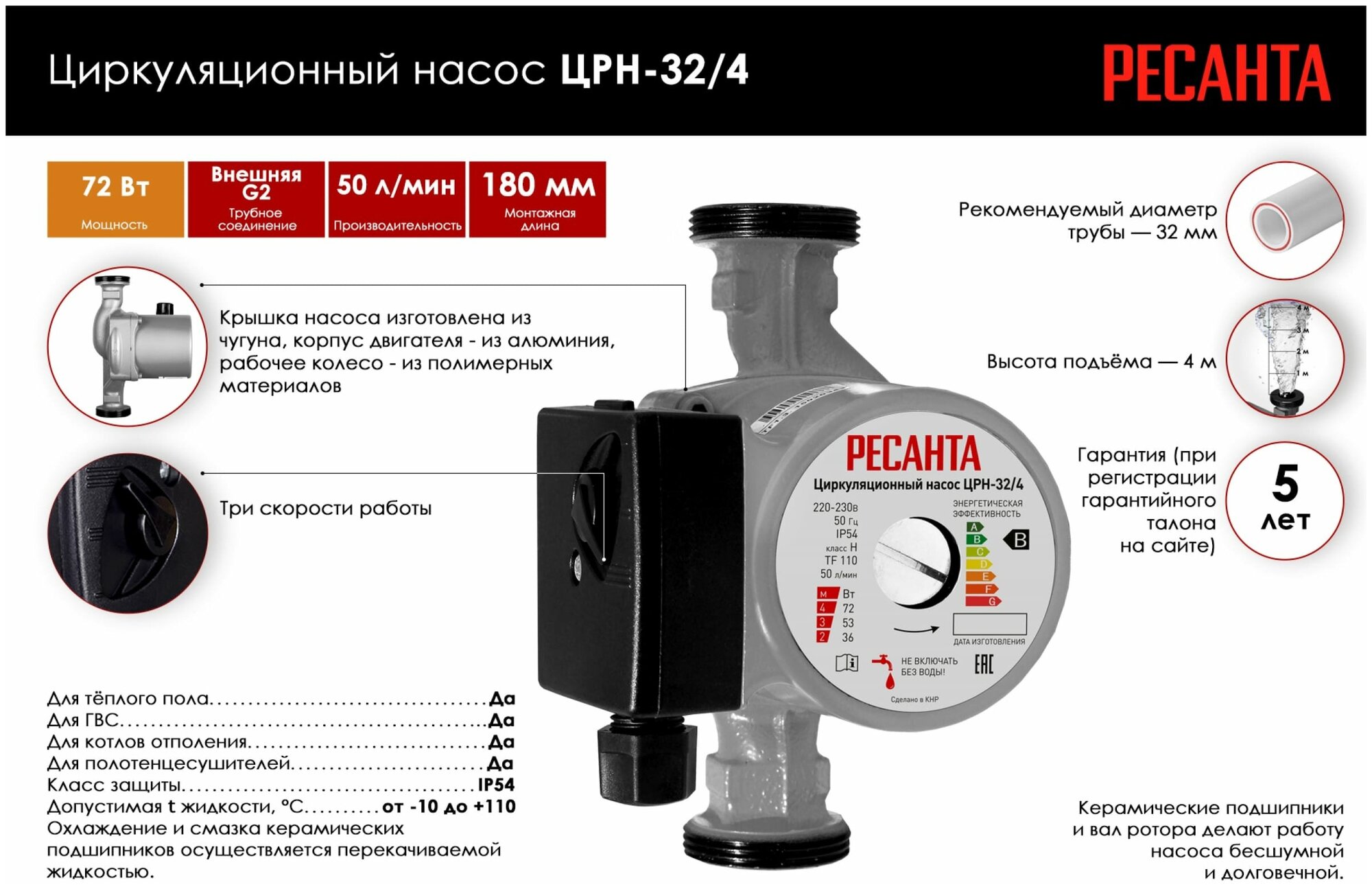 Циркуляционный насос ЦРН-32/4 Ресанта ( 72 Вт, напор - 4 м, 3 режима) - фотография № 2