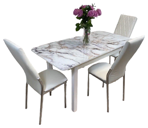 Кухонный гарнитур Стеклянный раздвижной стол Белый Мрамор и стулья белые