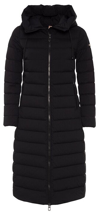 Куртка  DUNO, женская, демисезон/зима, средней длины, силуэт прилегающий, стеганая, карманы, капюшон, размер 46, черный