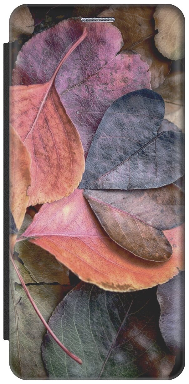 Чехол-книжка на Apple iPhone SE / 5s / 5 / Эпл Айфон 5 / 5с / СЕ с рисунком "Осенние листочки" черный