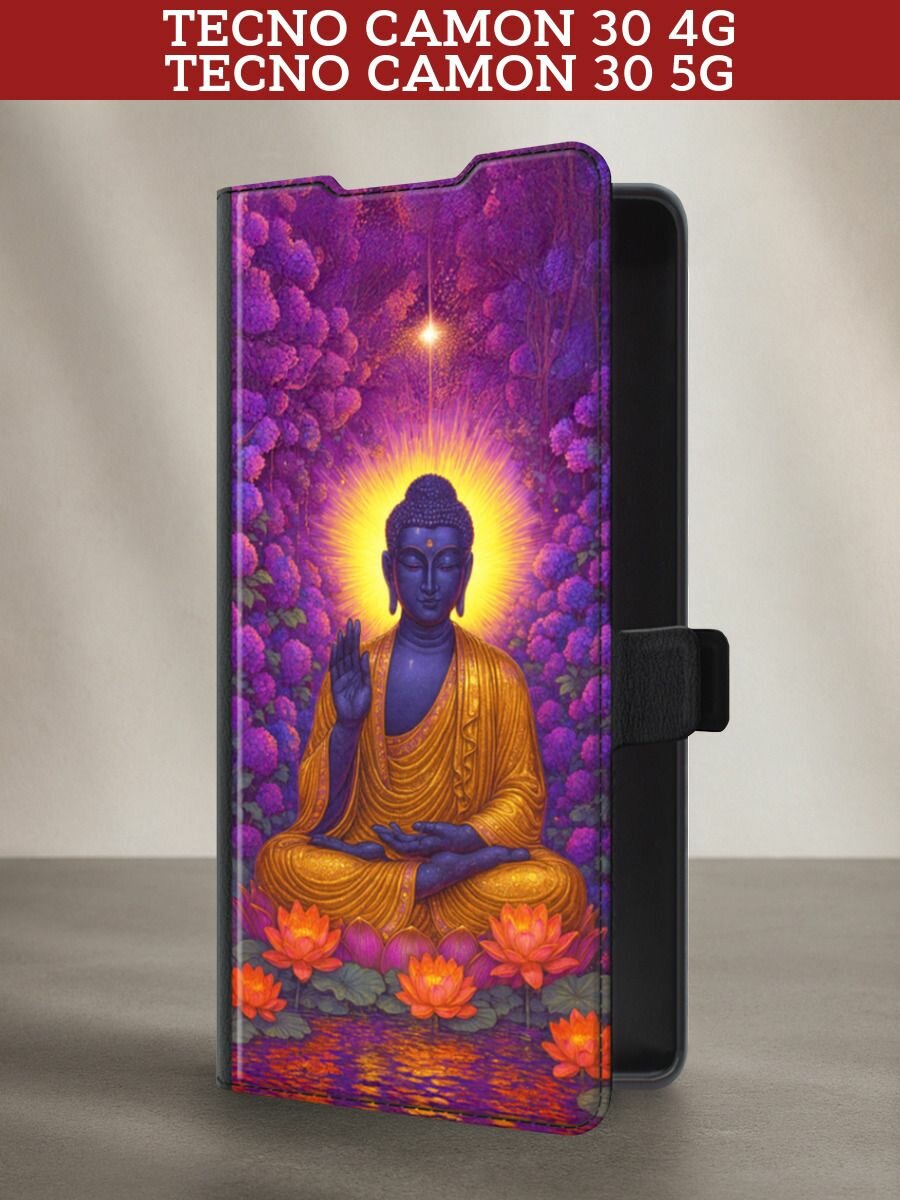Чехол-книжка на Tecno Camon 30 4G/Tecno Camon 30 5G / Текно Камон 30 4G с принтом Монах среди лотосов, черный