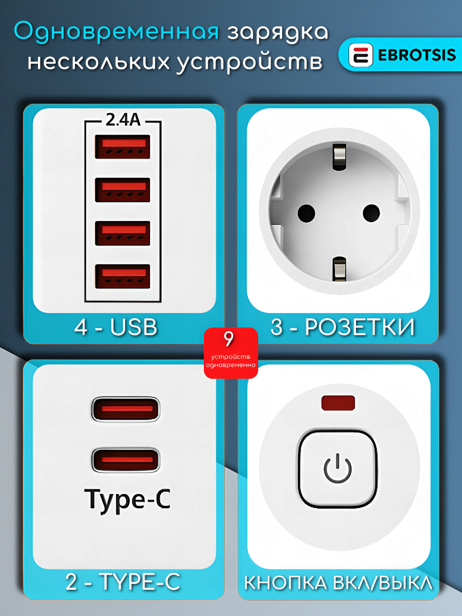 Сетевой фильтр с USB-удлинителем и Type-C, 3 розетки, 2 метра, 2500 Ватт — фото 1