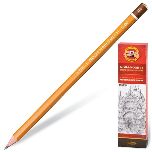 Карандаш чернографитный KOH - I - NOOR 1500 .,3H, без резинки, корпус желтый, заточенный, 12 шт