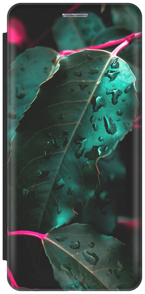 Чехол-книжка Капли на листьях на Tecno Pop 6 Pro / Техно Поп 6 Про черный