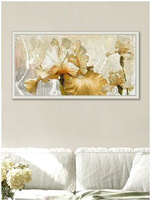 Картина на стену для интерьера в гостиную, в спальню "Романтические ирисы 3", 57х107 см, на бумажном холсте, в рамке, большая, цветы/Графис
