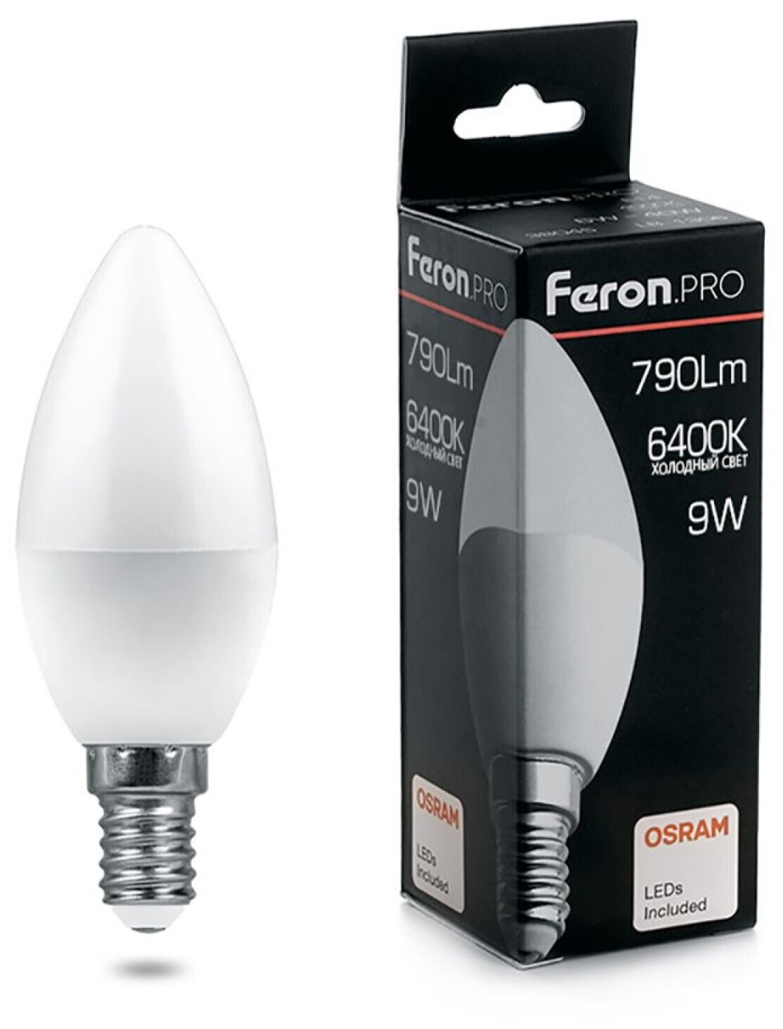 Лампа светодиодная LED 9вт Е27 дневной матовая свеча Feron.PRO OSRAM