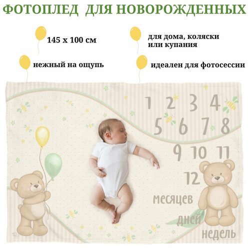 Фотоплед для новорожденных 145х100 см, плед для фотосессии малыша по месяцам, универсальный, принт - мишка, цвет - бежевый.