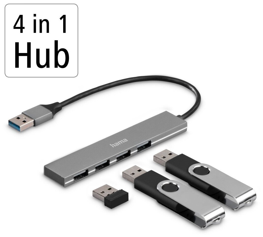 Разветвитель USB 3.0 Hama H-200114 4порт. серый (00200114)