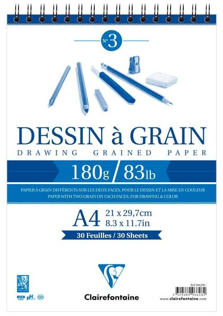 Бумага для графики Clairefontaine Скетчбук-альбом "Dessin a Grain" А4 180г/м2, 30л, мелкозерн, Clairefontaine, спираль