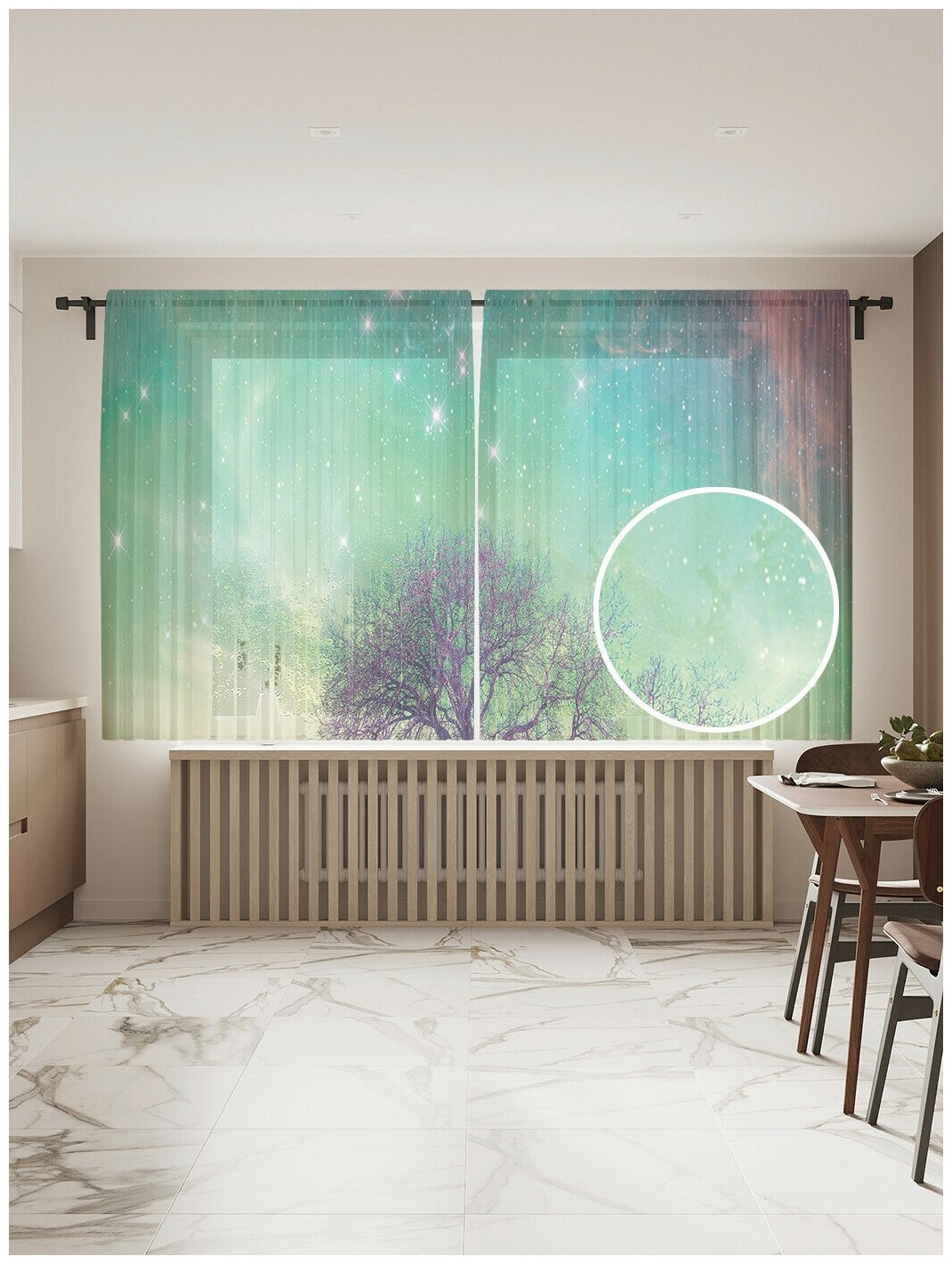 Тюль для кухни и спальни JoyArty "Космическое сияние", 2 полотна со шторной лентой шириной по 145 см, высота 180 см.