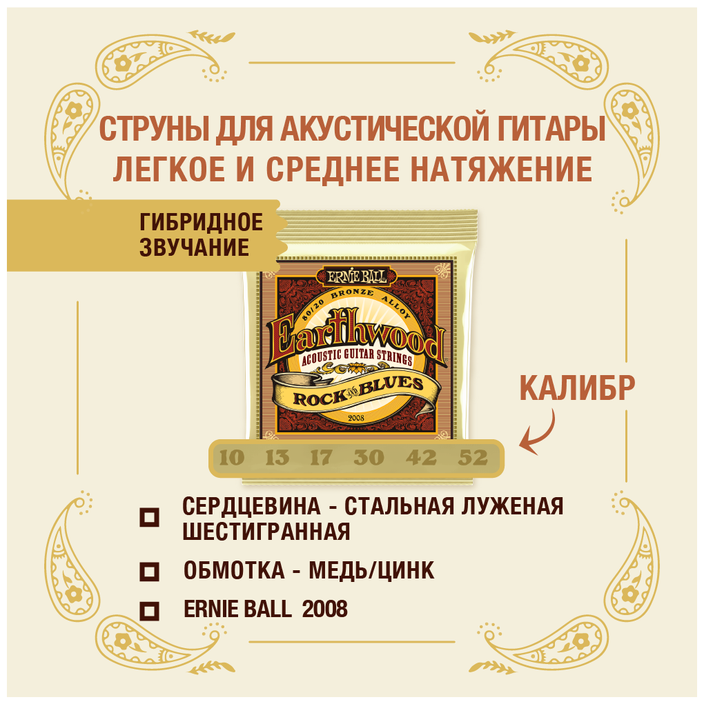 ERNIE BALL 2008 Earthwood 80/20 Bronze Rock&Blues 10-52 Струны для акустической гитары