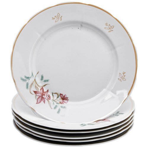 Набор из 6 столовых тарелок с рельефным бортом, украшенных цветами, фарфор