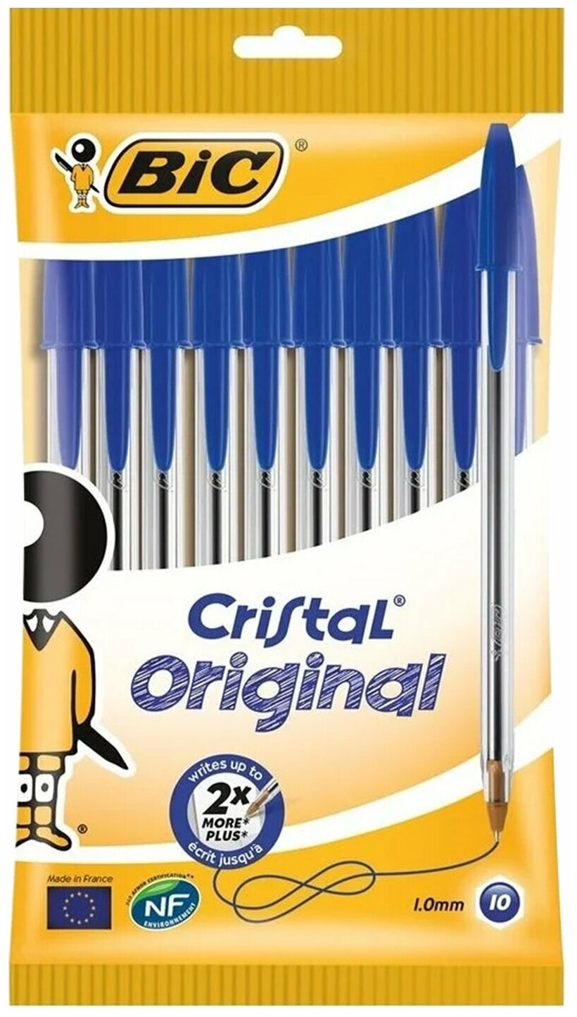 Ручки шариковые BIC "Cristal Original", набор 10 шт, синие, узел 1 мм, линия письма 0,32 мм, пакет, 830863