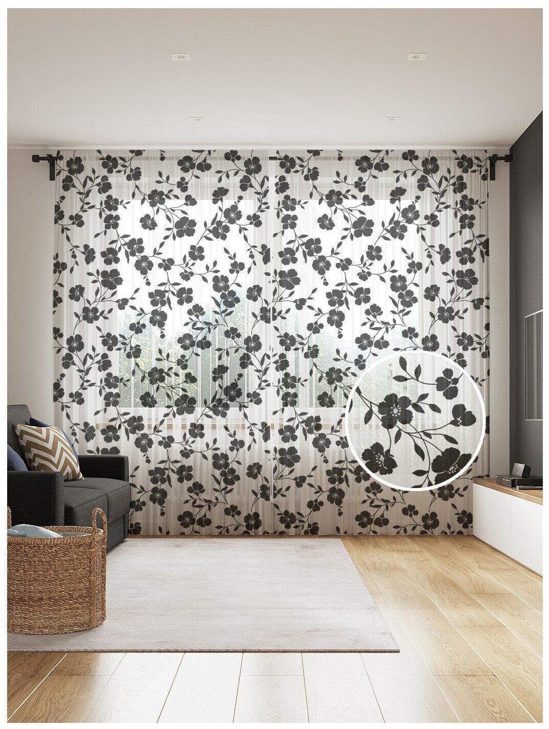 Тюль для кухни и спальни JoyArty "Черные цветы", 2 полотна со шторной лентой шириной по 145 см, высота 265 см.