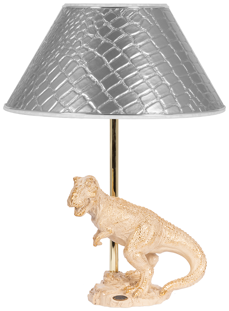 Настольная лампа Bogacho Динозавр Тирекс кремовая с абажуром серебристого цвета под рептилию ручная работа