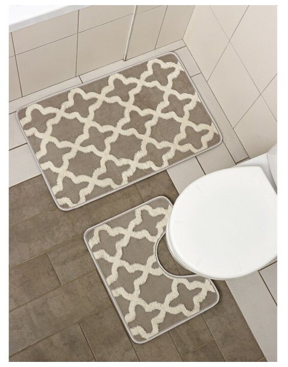 Набор ковриков для ванной и туалета Доляна «Трафарет», 2 шт: 40×50, 50×80 см, цвет бежевый - фотография № 1