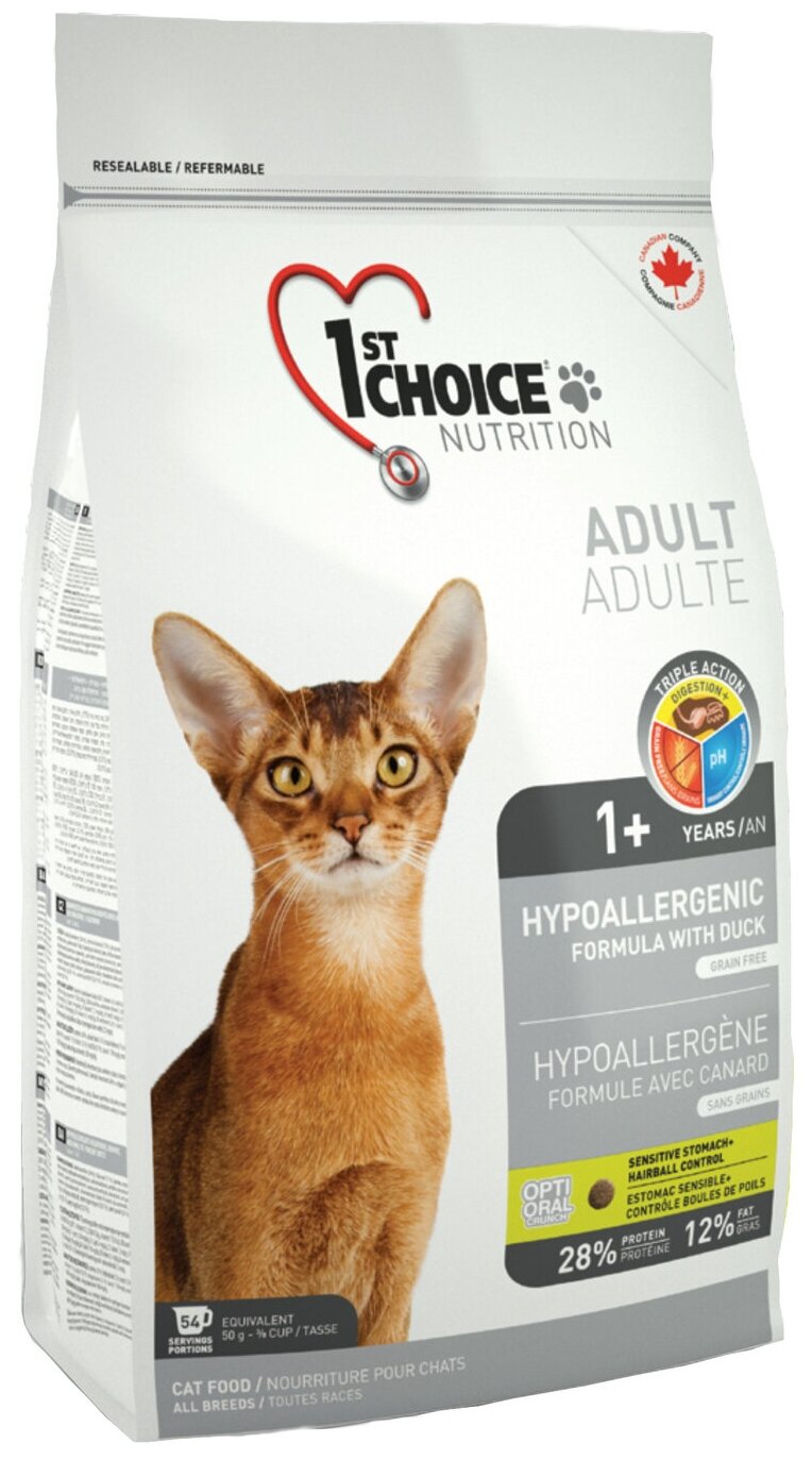 1ST CHOICE Hypoallergenic сухой корм для кошек, гипоаллергенный, беззерновой, Утка 2.72 кг.