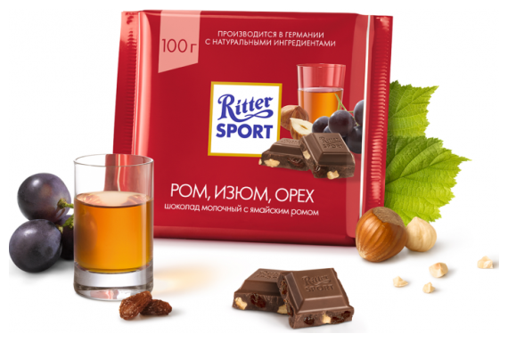 Шоколад Ritter Sport молочный "РОМ изюм орех" 100 г