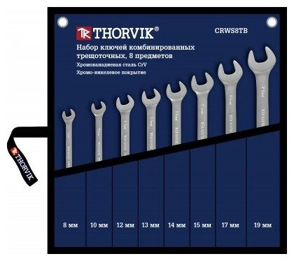 Набор ключей гаечных комбинированных трещоточных в сумке, 8-19 мм, 8 предметов Thorvik