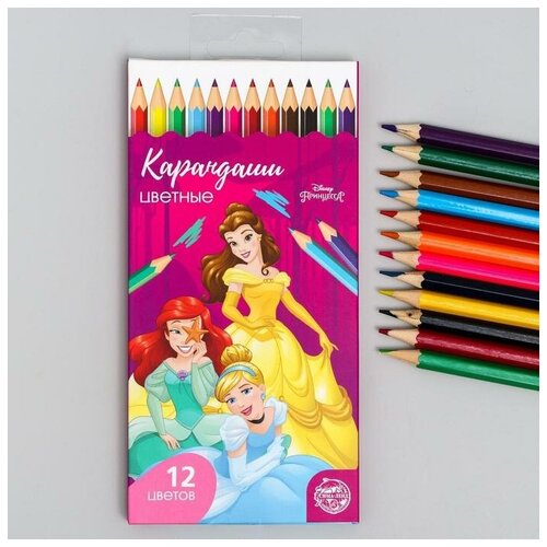 Карандаши цветные Disney 12 цветов Принцессы, заточенные, шестигранные, Принцессы disney карандаши цветные 12 цветов принцессы дисней принцессы