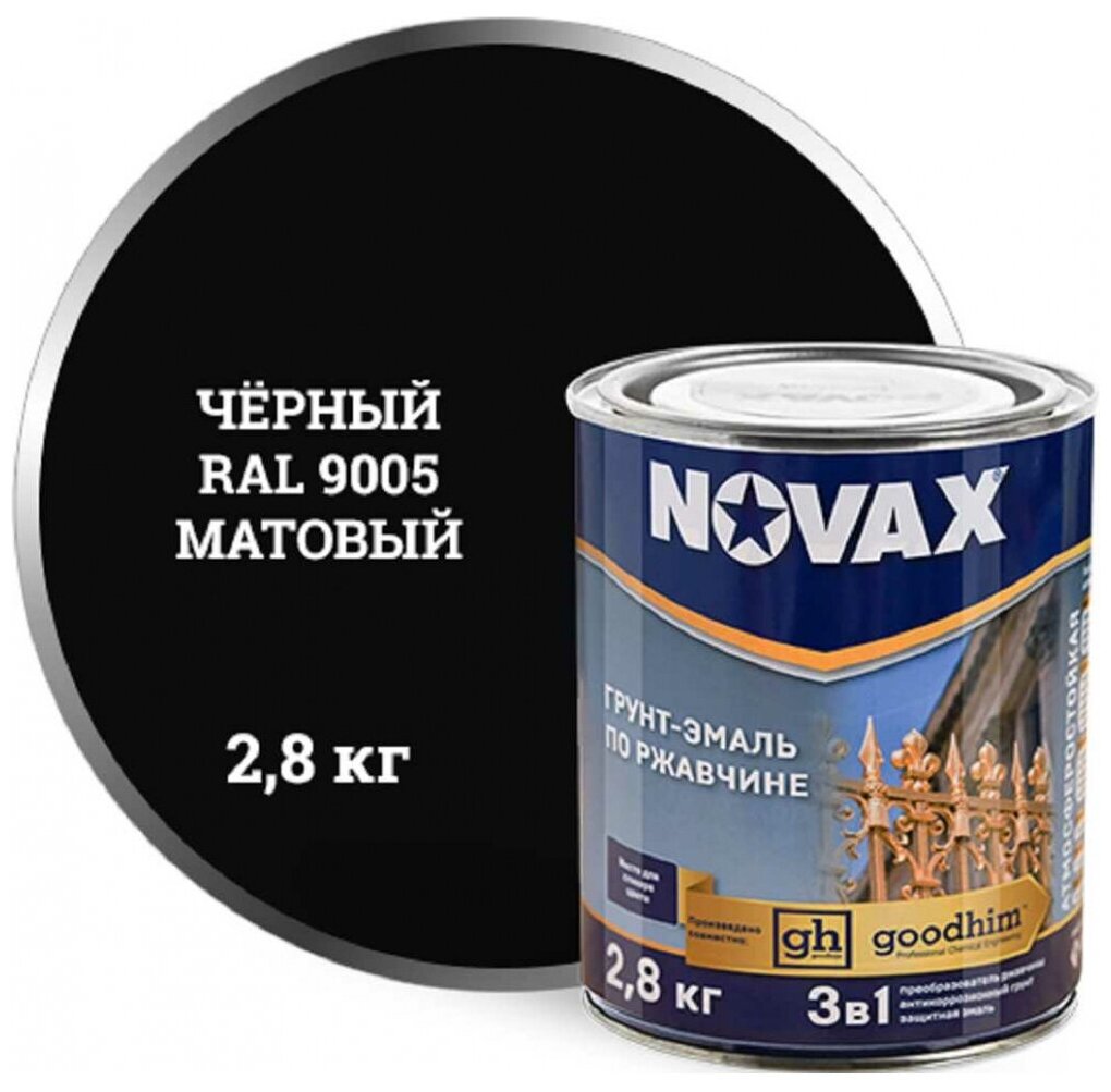 Goodhim Грунт Эмаль 3в1 novax черный RAL 9005 матовая, 3 л. 39757