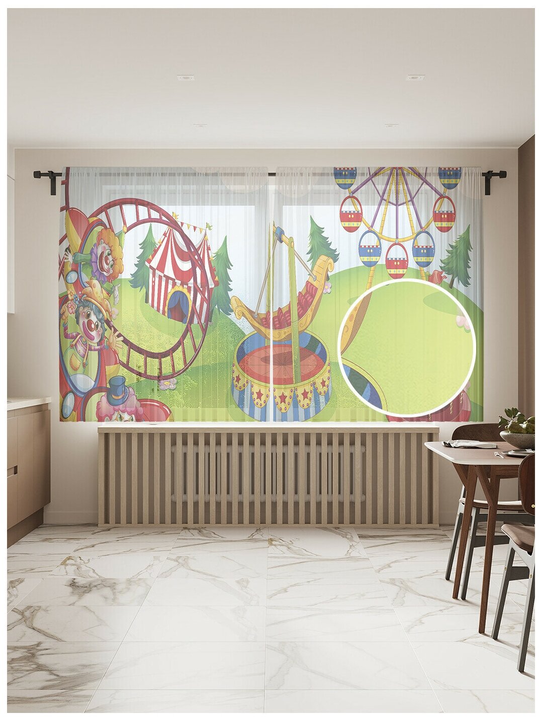 Тюль для кухни и спальни JoyArty "Веселье на аттракционах", 2 полотна со шторной лентой шириной по 145 см, высота 180 см. - фотография № 1