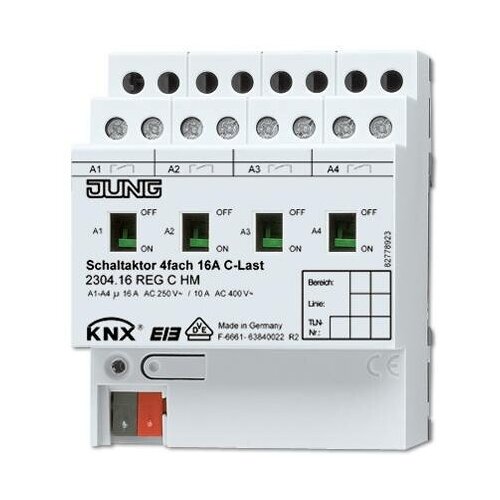 JUNG KNX Актор 4-х канальный 220V AC 12-24V DC 16 A возм ручн упр DIN-рейка